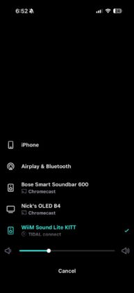 TIDAL Connect device selection menu showing WiiM Sound Lite available as a wireless playback device.
