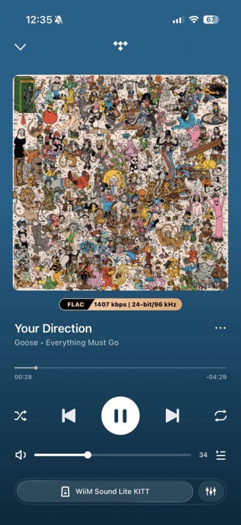TIDAL Connect streaming music to WiiM Sound Lite with playback controls and audio quality information. TIDAL Connect streaming music to WiiM Sound Lite with playback controls and audio quality information.