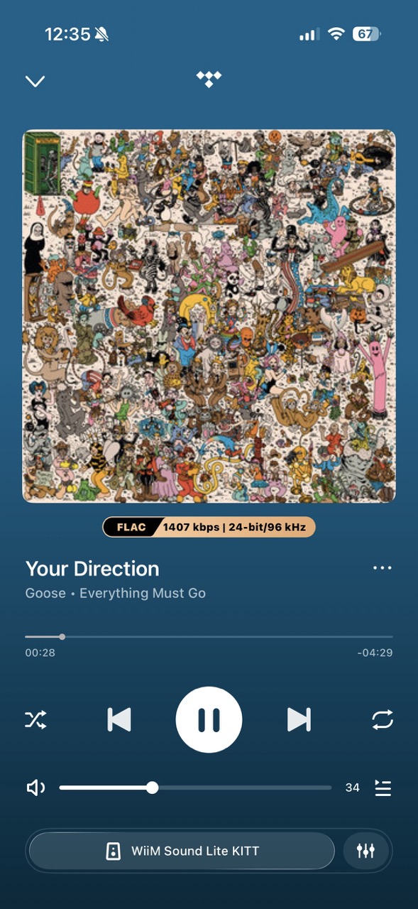 TIDAL Connect streaming music to WiiM Sound Lite with playback controls and audio quality information. TIDAL Connect streaming music to WiiM Sound Lite with playback controls and audio quality information.