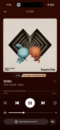 WiiM Home app Now Playing screen displaying music streamed to WiiM Sound Lite via TIDAL Connect with playback controls and audio settings.
