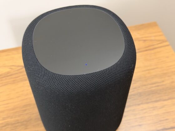 Top panel of the WiiM Sound Lite with the blue status LED during setup or Bluetooth pairing.