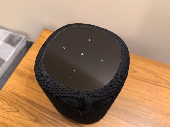 Top touch controls of the WiiM Sound Lite with illuminated playback and volume icons.