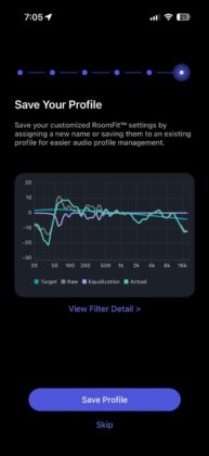 WiiM Home app RoomFit results screen showing the measured frequency response and EQ profile.
