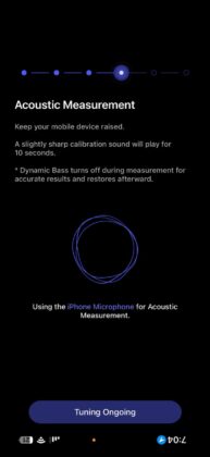 WiiM Home app RoomFit acoustic measurement screen during room calibration.