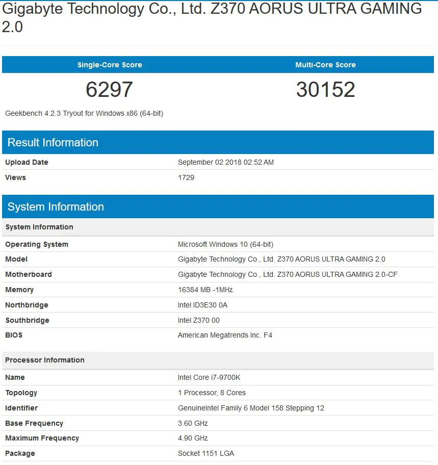 Tiománaí Intel Core i7 9700K Geekbench