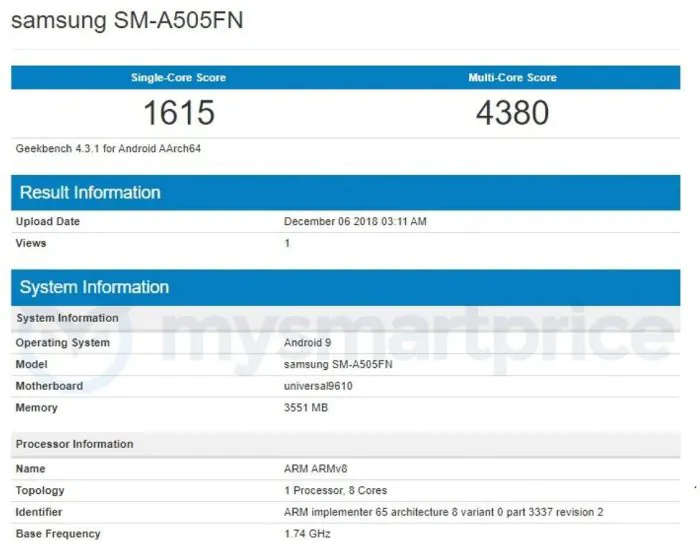 Samsung Galaxy A50, Exynos 9610, Geekbench