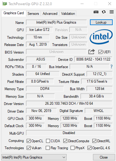 ASUS ZenBook 13 (UX325) GPU-Z