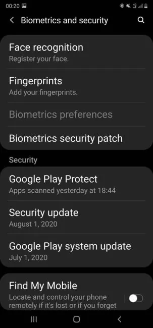Samsung Galaxy Забележка 20 Биометрични данни