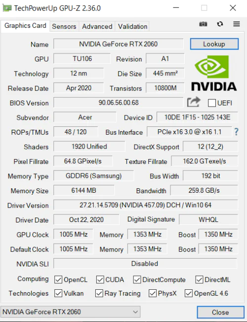 Acer Nitro 5 2020 CPU-Z Benchmark