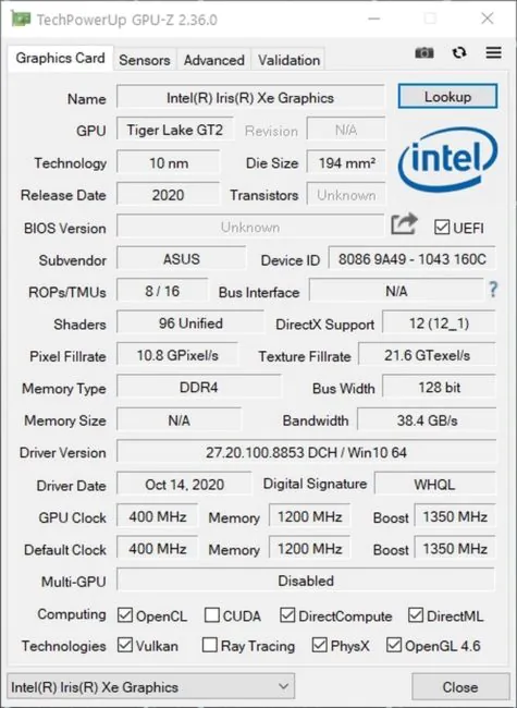 ASUS TUF Dash F15 Integrated Graphics