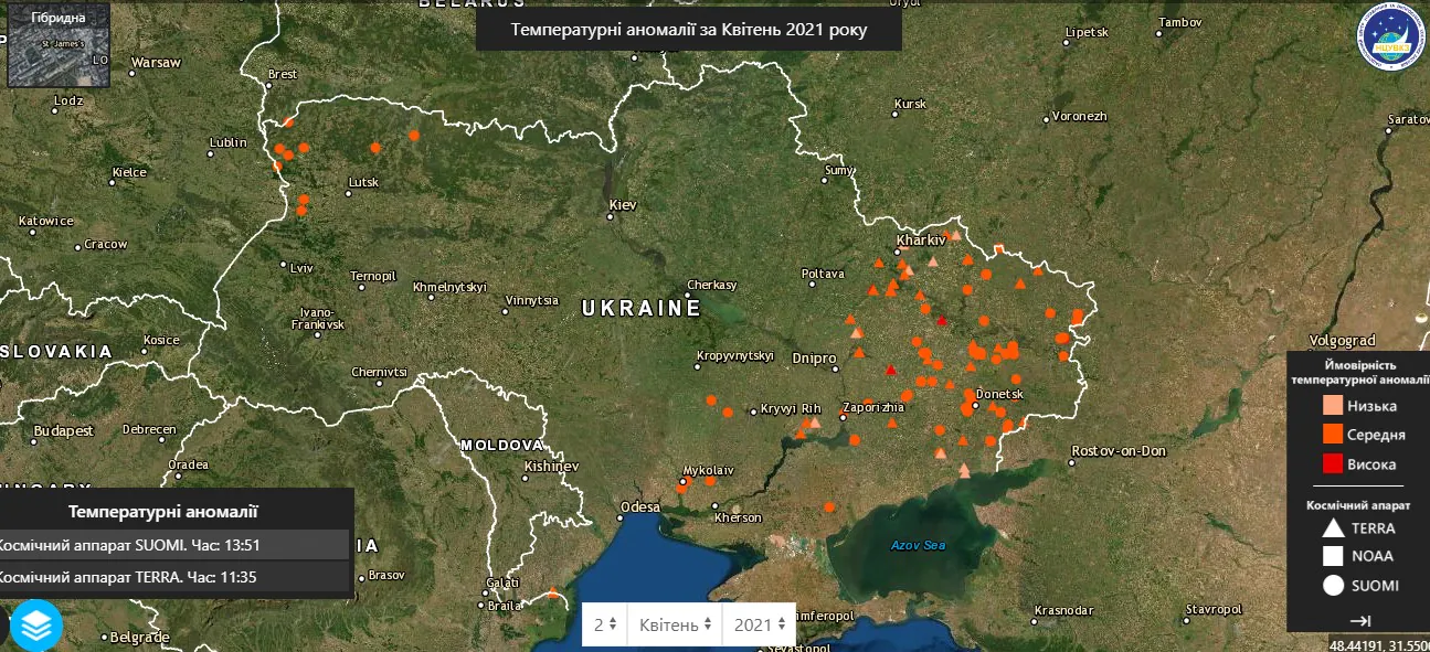 Дані про виявлені теплові аномалії на території України