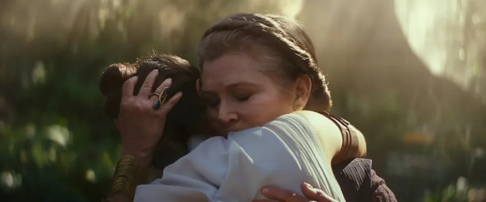 Generaal Leia Organa (Carrie Fisher) en Rey (Daisy Ridley) in Star Wars: The Rise of Skywalker