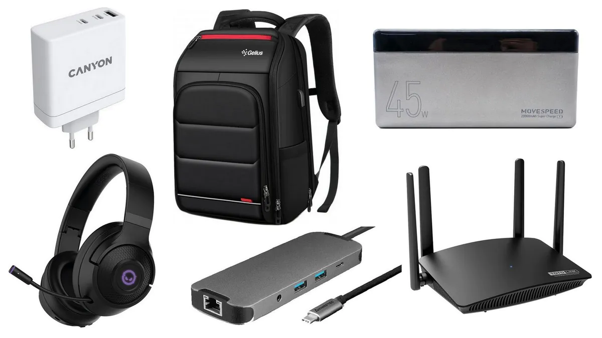 Полезные аксессуары для ноутбука: USB-хаб, GaN-зарядка, роутер, наушники, павербанк и рюкзак