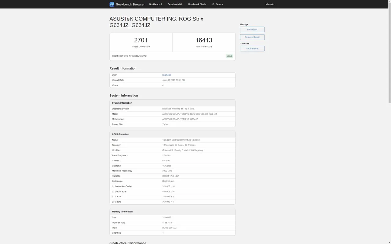 ASUS ROG Strix Scar 16 GeekBench