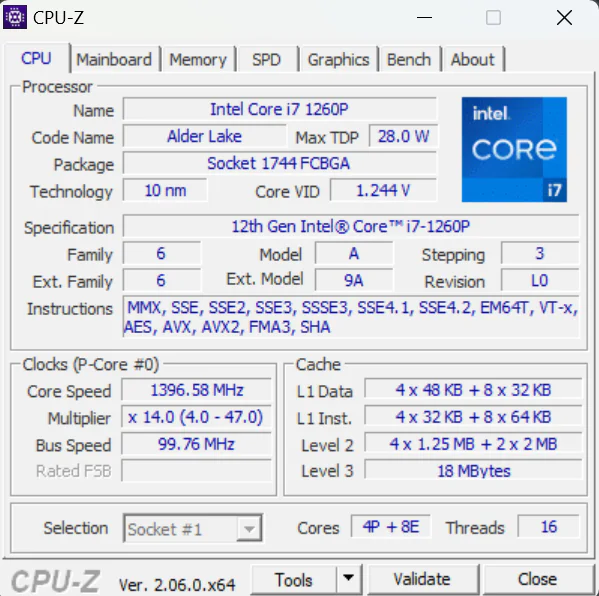 Lenovo Thinkbook 16 Gen 4+ - CPU-Z