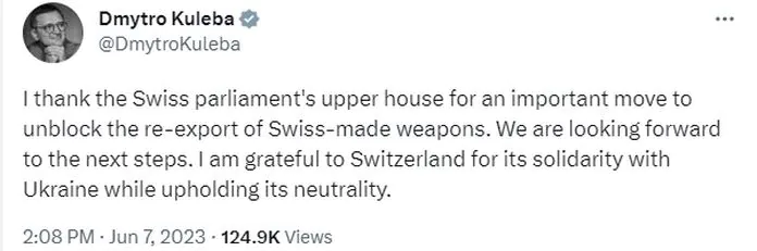 Det schweiziska parlamentets överhus tillät återexport av vapen till Ukraina