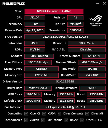 ASUS TUF Gaming GeForce RTX 4070 OC 12GB
