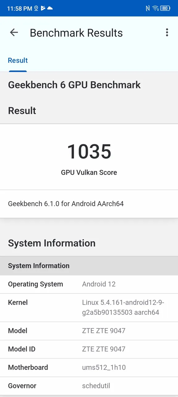 ZTE Blade لقطة شاشة V40S - GeekBench 2