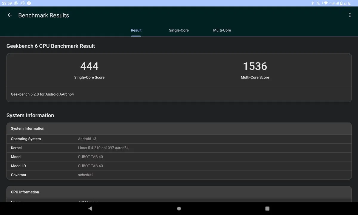 Cubot Tab 40 Geekbench 6 CPU