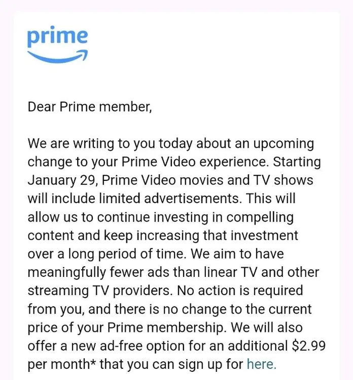 Amazon Prime Video почне показувати рекламу 29 січня