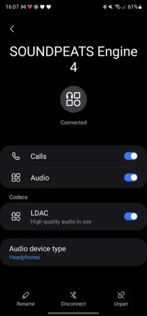 SoundPEATS Engine4 - Bluetooth settings